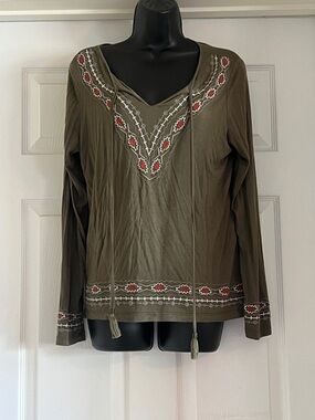 Urban Coco Olive Embroidered Long-Sleeve Peasant Top with Tassel Ties